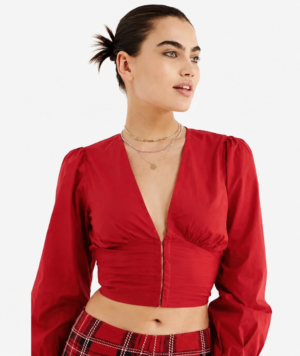 Urban Outfitters Red Puff Sleeve Hook & Eye Crop Top Size M